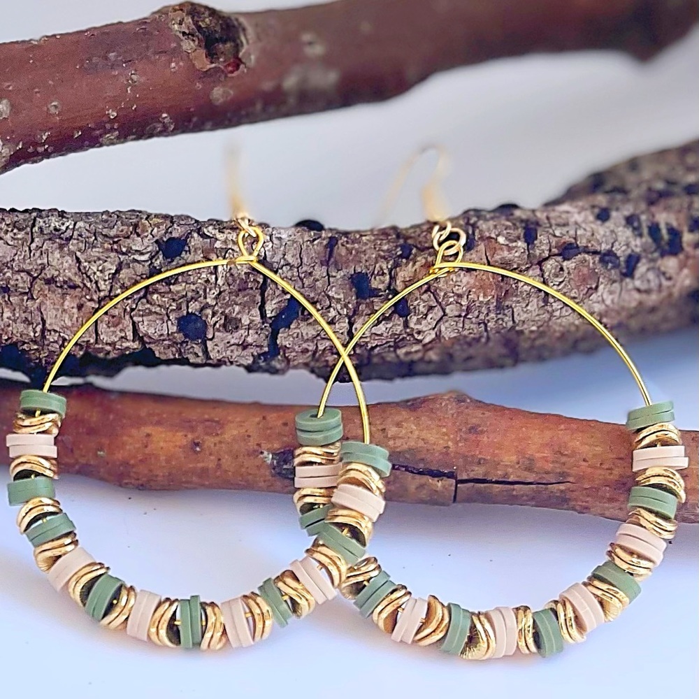 NWT Taupe and Olive Green Heishi Bead and Gold Spacer Bead Hoop Earrings​